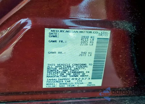 2015 Nissan Altima 2.5 from USA, damaged, VIN 1N4AL3AP0FC492373